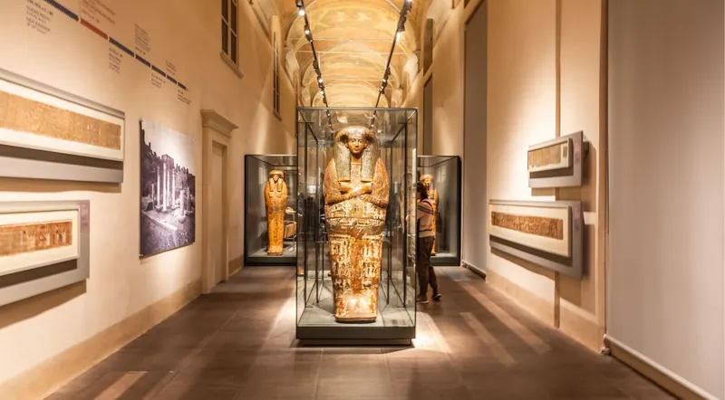 Gilded mummy coffin on display inside the Egyptian Museum in Cairo