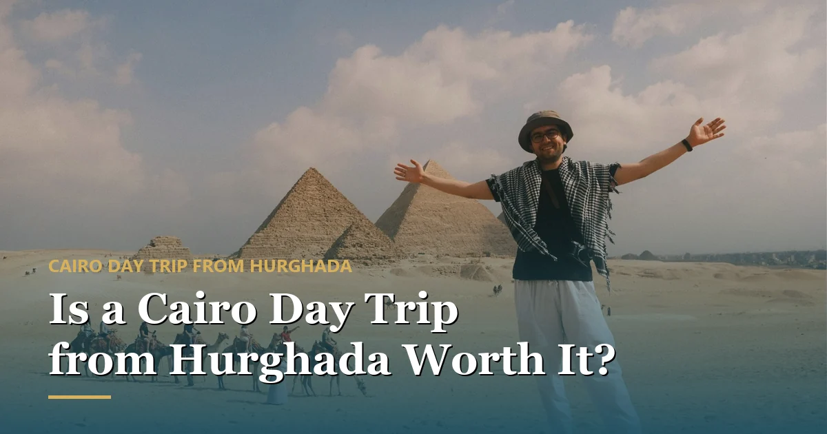 A happy traveler with arms raised in front of the Giza pyramids