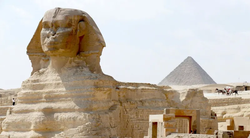 The Great Sphinx with the Pyramid of Menkaure behind it