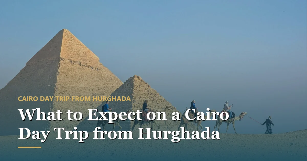 Tourists on a camel caravan at the Giza pyramids on a Cairo day trip from Hurghada